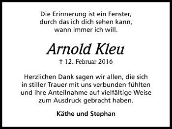 Anzeige von Arnold Kleu von Kölner Stadt-Anzeiger / Kölnische Rundschau / Express