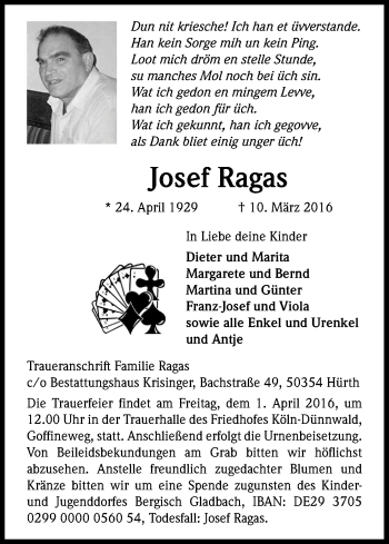 Anzeige von Josef Ragas von Kölner Stadt-Anzeiger / Kölnische Rundschau / Express