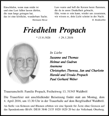 Anzeige von Friedhelm Propach von Kölner Stadt-Anzeiger / Kölnische Rundschau / Express