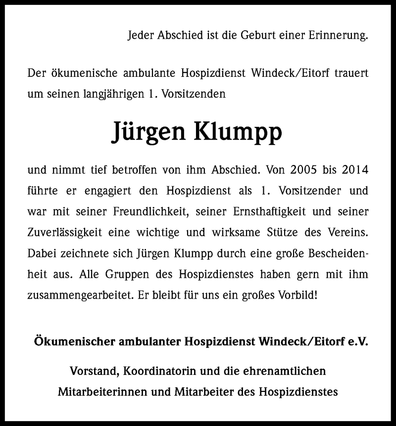  Traueranzeige für Jürgen Klumpp vom 12.03.2016 aus Kölner Stadt-Anzeiger / Kölnische Rundschau / Express