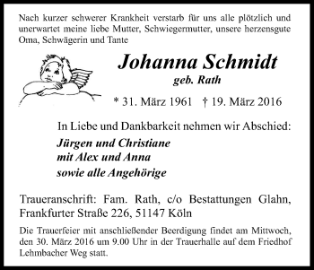 Anzeige von Johanna Schmidt von Kölner Stadt-Anzeiger / Kölnische Rundschau / Express