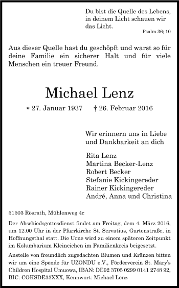 Anzeige von Michael Lenz von Kölner Stadt-Anzeiger / Kölnische Rundschau / Express
