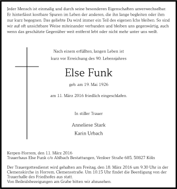 Anzeige von Else Funk von Kölner Stadt-Anzeiger / Kölnische Rundschau / Express
