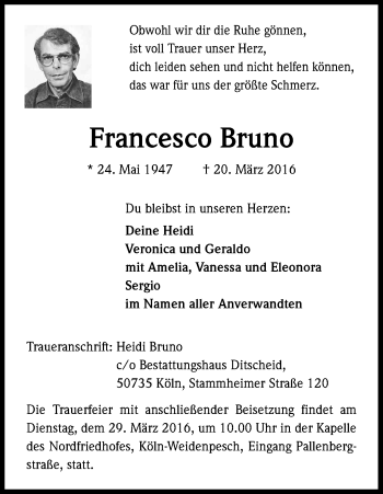 Anzeige von Francesco Bruno von Kölner Stadt-Anzeiger / Kölnische Rundschau / Express