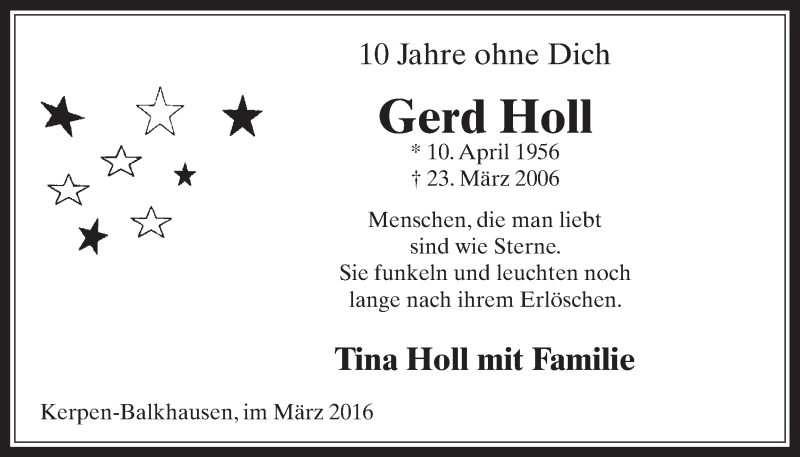  Traueranzeige für Gerd Holl vom 23.03.2016 aus  Werbepost 