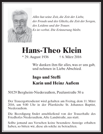 Anzeige von Hans-Theo Klein von  Werbepost 