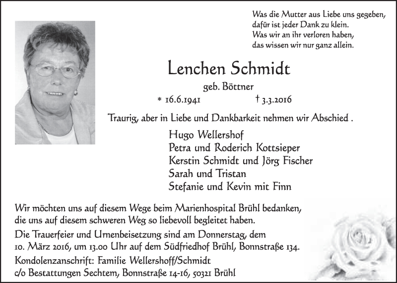  Traueranzeige für Lenchen Schmidt vom 09.03.2016 aus  Schlossbote/Werbekurier 