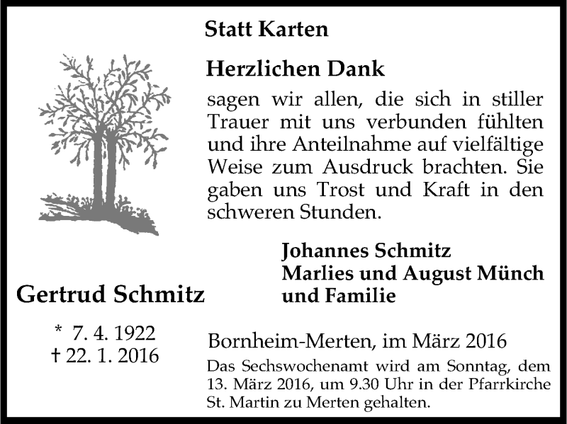  Traueranzeige für Gertrud Schmitz vom 05.03.2016 aus Kölner Stadt-Anzeiger / Kölnische Rundschau / Express