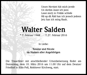Anzeige von Walter Salden von Kölner Stadt-Anzeiger / Kölnische Rundschau / Express