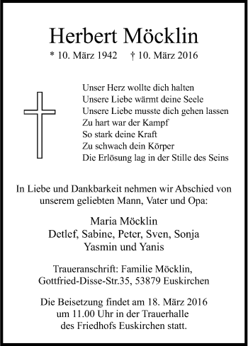 Anzeige von Herbert Möcklin von Kölner Stadt-Anzeiger / Kölnische Rundschau / Express