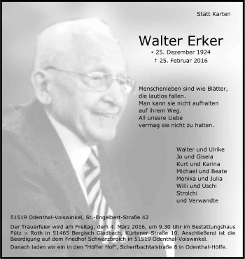 Anzeige von Walter Erker von Kölner Stadt-Anzeiger / Kölnische Rundschau / Express