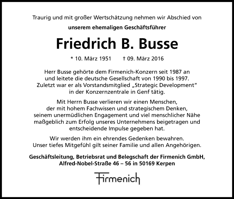  Traueranzeige für Friedrich B. Busse vom 19.03.2016 aus Kölner Stadt-Anzeiger / Kölnische Rundschau / Express