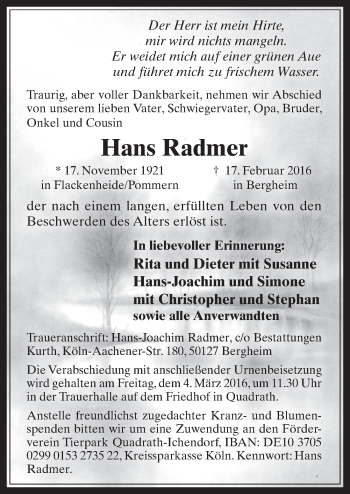 Anzeige von Hans Radmer von  Werbepost 