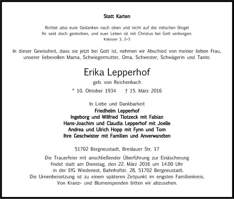  Traueranzeige für Erika Lepperhof vom 19.03.2016 aus Kölner Stadt-Anzeiger / Kölnische Rundschau / Express