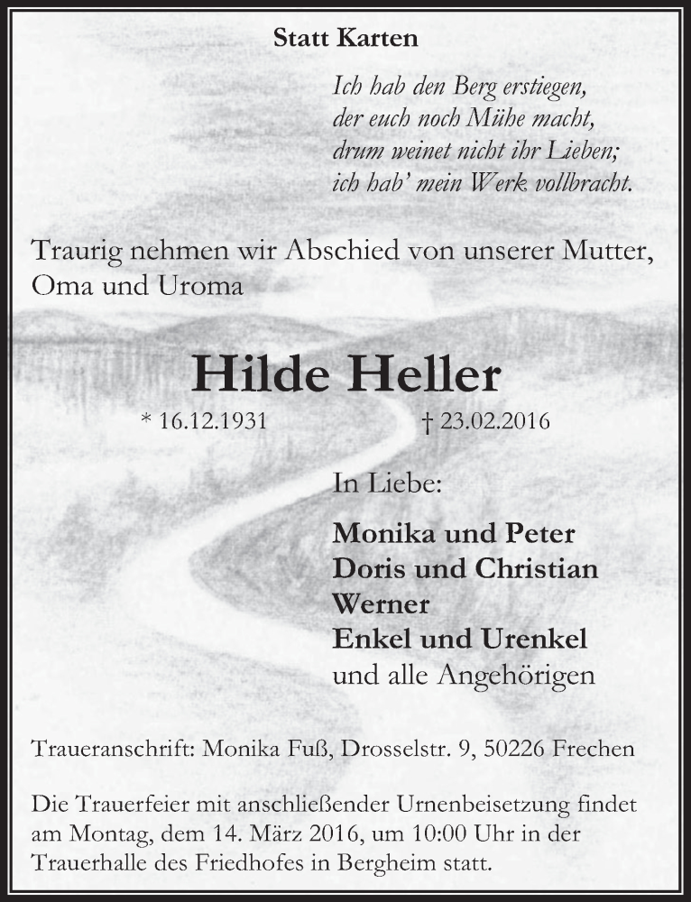  Traueranzeige für Hilde Heller vom 09.03.2016 aus  Werbepost 
