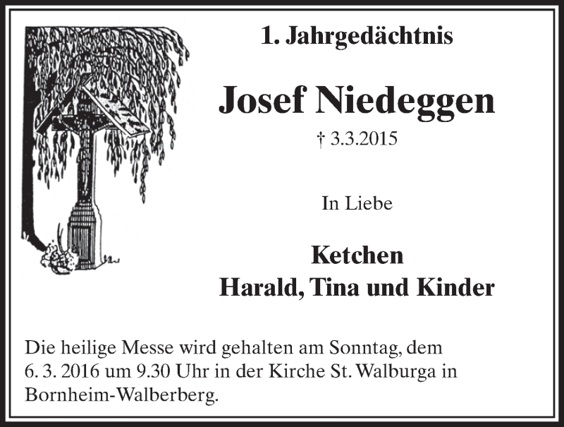  Traueranzeige für Josef Niedeggen vom 02.03.2016 aus  Schlossbote/Werbekurier 
