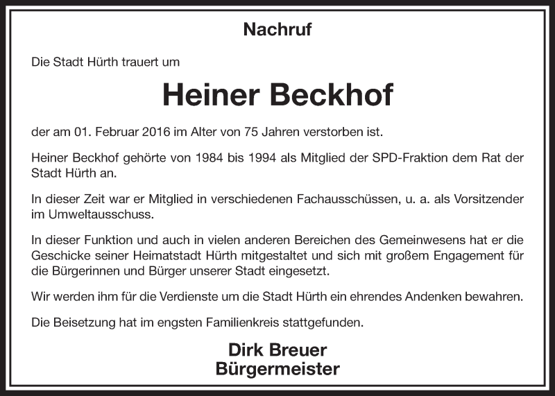  Traueranzeige für Heiner Beckhof vom 19.03.2016 aus  Sonntags-Post 