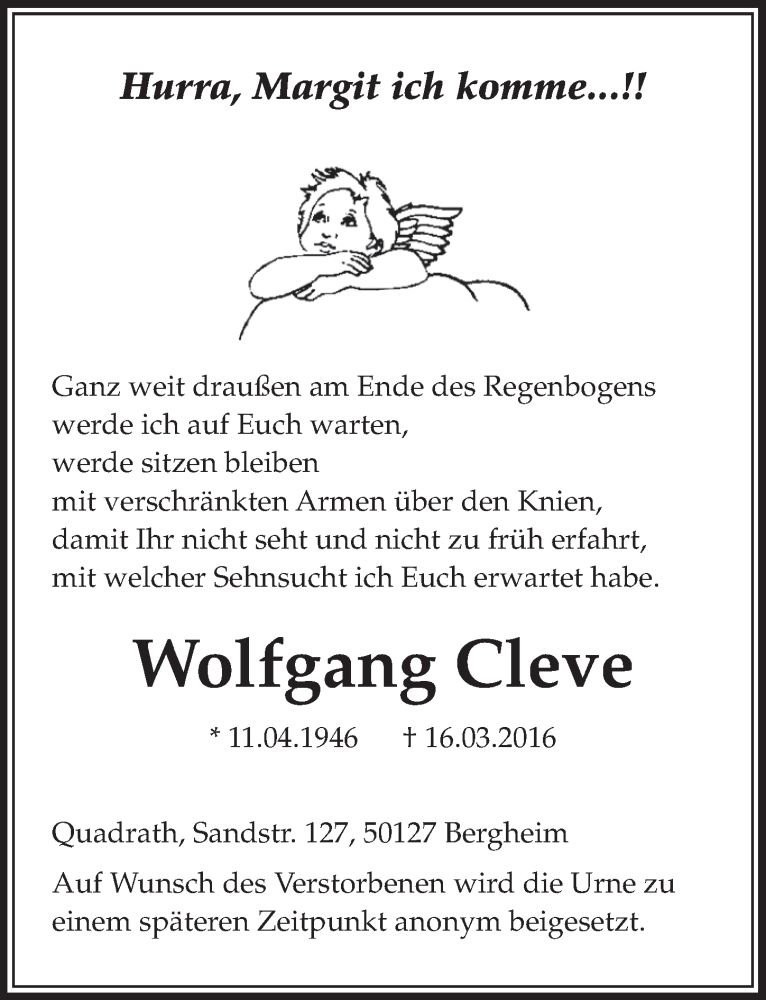  Traueranzeige für Wolfgang Cleve vom 26.03.2016 aus  Sonntags-Post 
