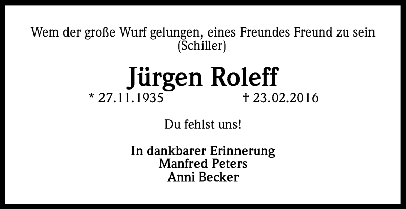  Traueranzeige für Jürgen Roleff vom 11.03.2016 aus Kölner Stadt-Anzeiger / Kölnische Rundschau / Express