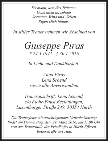 Anzeige von Giuseppe Piras von  Wochenende 