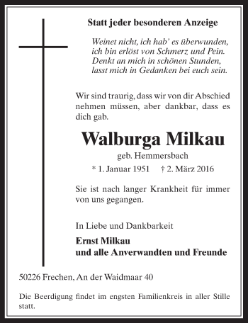 Anzeige von Walburga Milkau von  Wochenende 