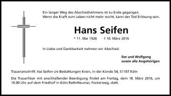 Anzeige von Hans Seifen von Kölner Stadt-Anzeiger / Kölnische Rundschau / Express
