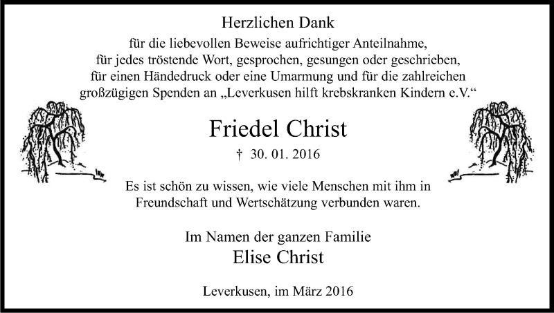  Traueranzeige für Friedel Christ vom 05.03.2016 aus Kölner Stadt-Anzeiger / Kölnische Rundschau / Express