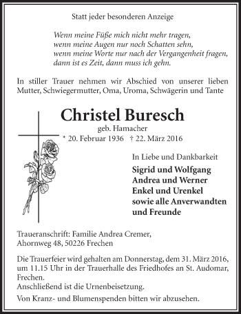 Anzeige von Christel Buresch von  Sonntags-Post 