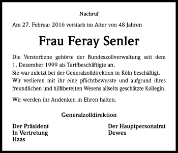 Anzeige von Feray Senler von Kölner Stadt-Anzeiger / Kölnische Rundschau / Express
