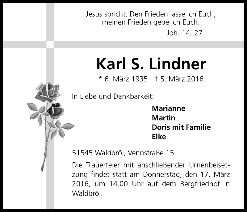  Traueranzeige für Karl Lindner vom 12.03.2016 aus Kölner Stadt-Anzeiger / Kölnische Rundschau / Express