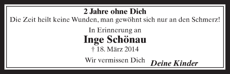  Traueranzeige für Inge Schönau vom 16.03.2016 aus  Werbepost 