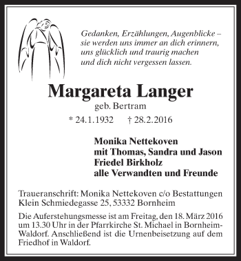 Anzeige von Margareta Langer von  Schaufenster/Blickpunkt 