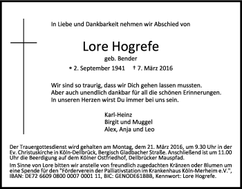 Anzeige von Lore Hogrefe von Kölner Stadt-Anzeiger / Kölnische Rundschau / Express
