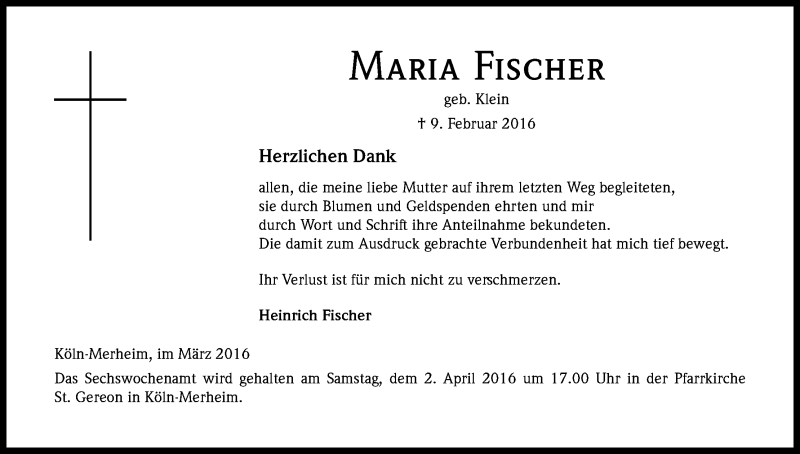  Traueranzeige für Maria Fischer vom 26.03.2016 aus Kölner Stadt-Anzeiger / Kölnische Rundschau / Express