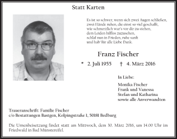 Anzeige von Franz Fischer von  Werbepost 