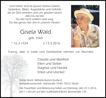 Anzeige von Gisela Wald von Kölner Stadt-Anzeiger / Kölnische Rundschau / Express
