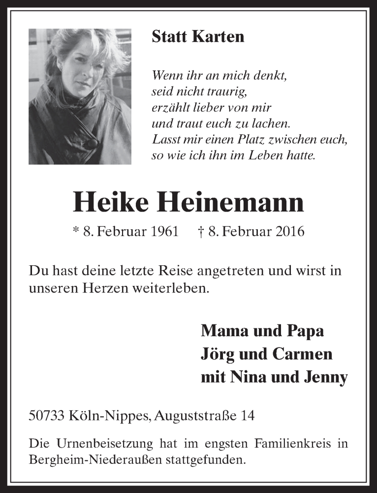  Traueranzeige für Heike Heinemann vom 02.03.2016 aus  Werbepost 