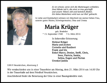 Anzeige von Maria Krüger von Kölner Stadt-Anzeiger / Kölnische Rundschau / Express