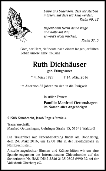 Anzeige von Ruth Dickhäuser von Kölner Stadt-Anzeiger / Kölnische Rundschau / Express
