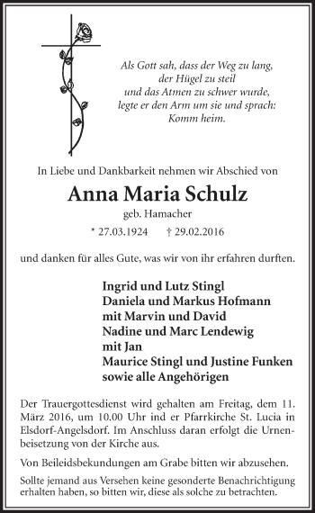 Anzeige von Anna Maria Schulz von  Sonntags-Post 