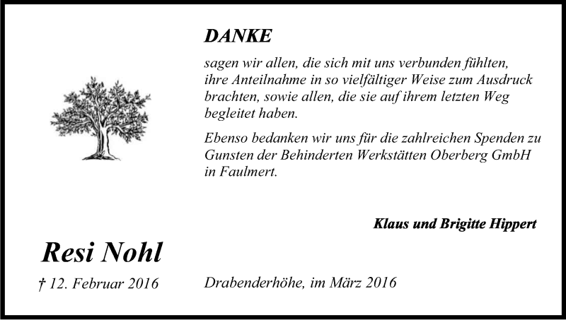  Traueranzeige für Resi Nohl vom 19.03.2016 aus Kölner Stadt-Anzeiger / Kölnische Rundschau / Express