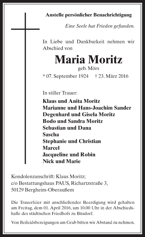  Traueranzeige für Maria Moritz vom 30.03.2016 aus  Werbepost 