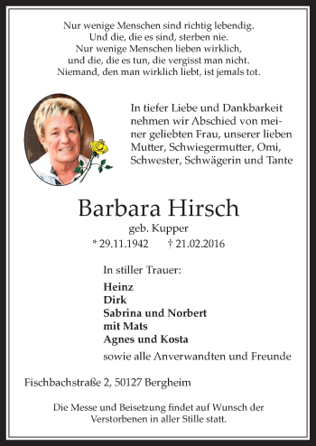Anzeige von Barbara Hirsch von  Werbepost 