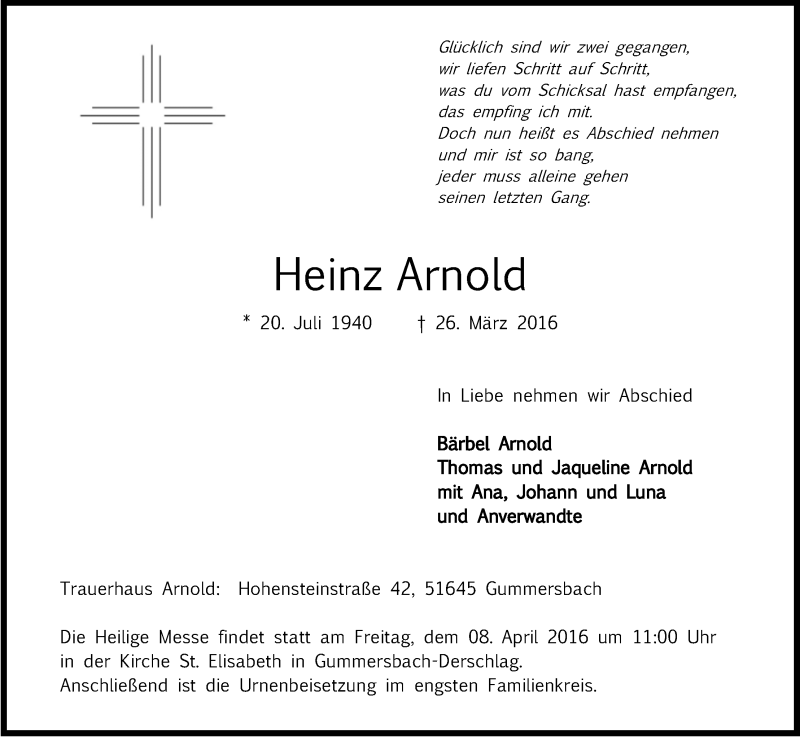 Traueranzeige für Heinz Arnold vom 01.04.2016 aus Kölner Stadt-Anzeiger / Kölnische Rundschau / Express