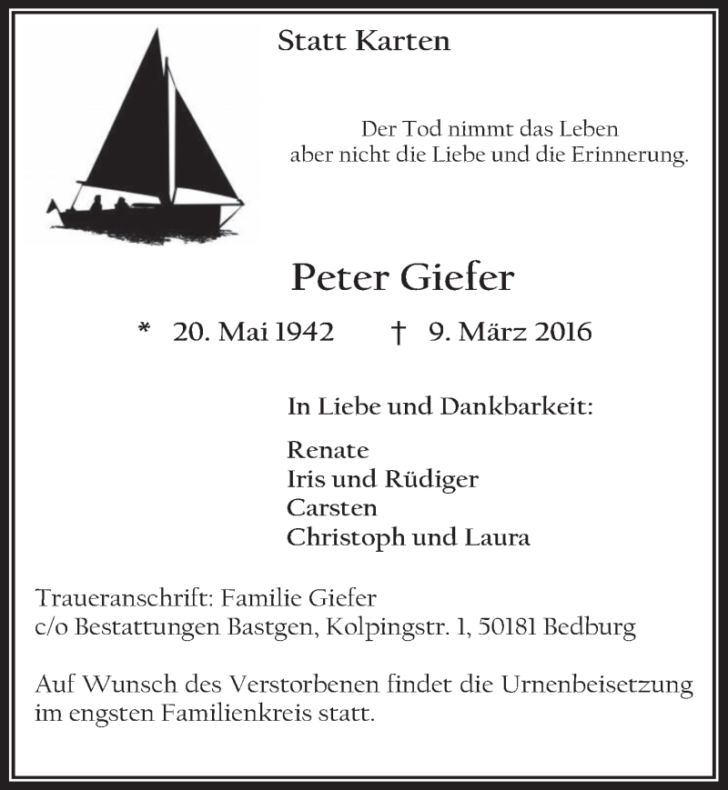  Traueranzeige für Peter Giefer vom 16.03.2016 aus  Werbepost 