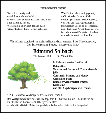 Anzeige von Edmund Solbach von Kölner Stadt-Anzeiger / Kölnische Rundschau / Express