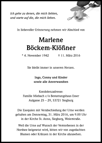 Anzeige von Marlene Böckem-Klößner von Kölner Stadt-Anzeiger / Kölnische Rundschau / Express