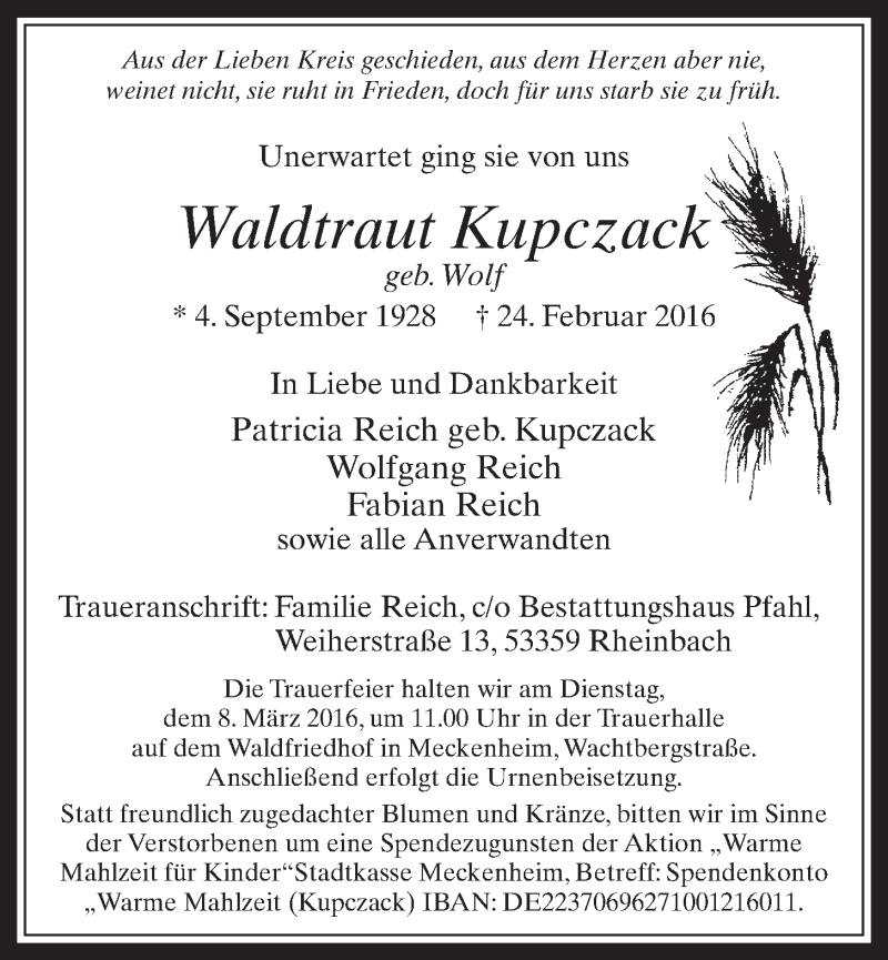  Traueranzeige für Waldtraut Kupczack vom 02.03.2016 aus  Schaufenster/Blickpunkt 