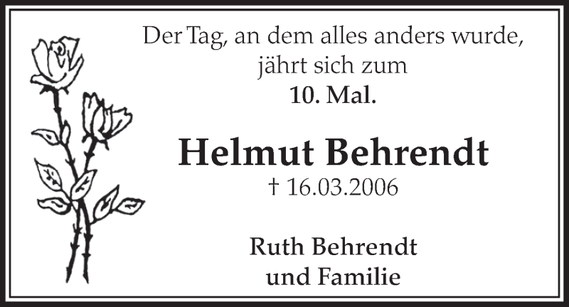  Traueranzeige für Helmut Behrendt vom 16.03.2016 aus  Schlossbote/Werbekurier 