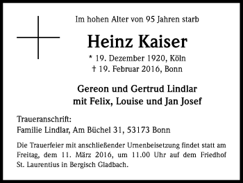 Anzeige von Heinz Kaiser von Kölner Stadt-Anzeiger / Kölnische Rundschau / Express